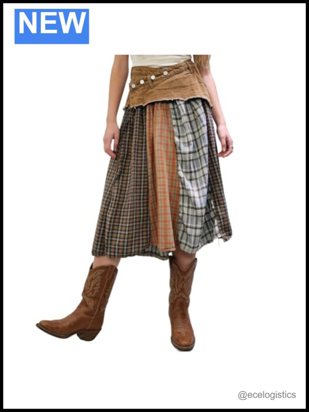 High Waisted Plaid Patchwork Midi Skirt with Denim Top, Button Waist